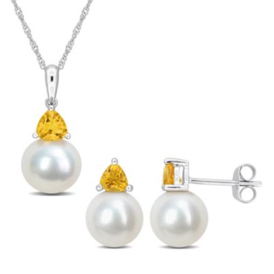Belk & Co 2-Pc Set of Freshwater Cultured Pearl and Citrine Stud Earrings and Pendant with Chain in 10K White Gold