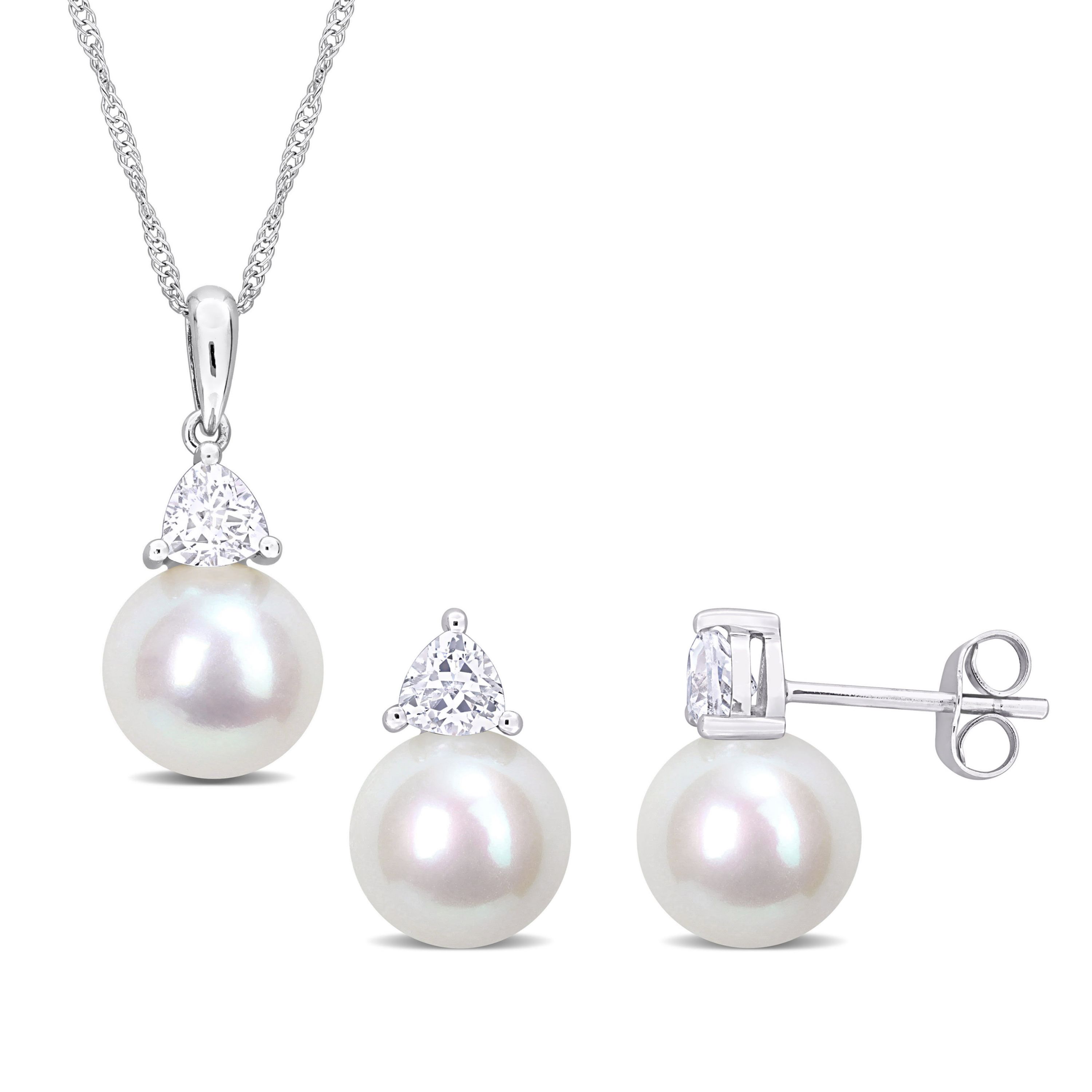Lab Created 2-Pc Set of Freshwater Cultured Pearl and Created White Sapphire Stud Earrings and Pendant with Chain in 10K White Gold