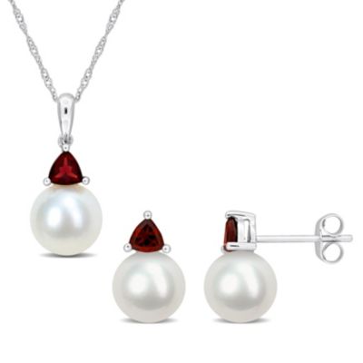 Belk & Co 2-Pc Set of Freshwater Cultured Pearl and Garnet Stud Earrings and Pendant with Chain in 10K White Gold
