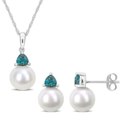 Belk & Co Lab Created 2-Pc Set of Freshwater Cultured Pearl and Alexandrite Stud Earrings and Pendant with Chain in 10K White Gold