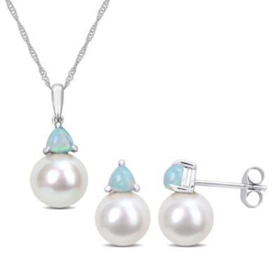 Belk & Co 2-Pc Set of Freshwater Cultured Pearl and Ethiopian-Opal Stud Earrings and Pendant with Chain in 10K White Gold