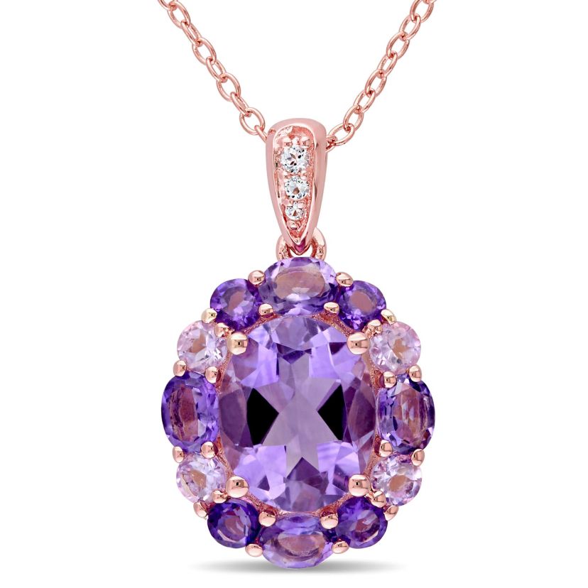 Amethyst, White Topaz and Rose de France Floral Pendant with Chain in Rose Plated Sterling Silver
