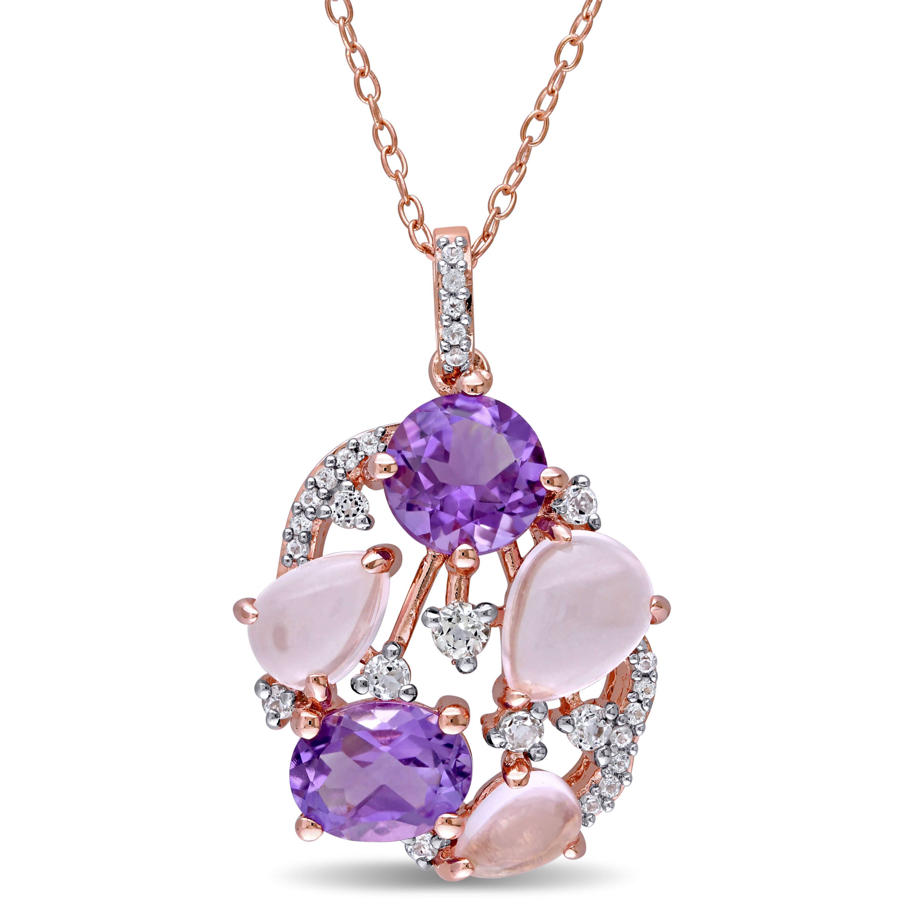 Amethyst, Rose Quartz and White Topaz Pendant with Chain in Rose Plated Sterling Silver