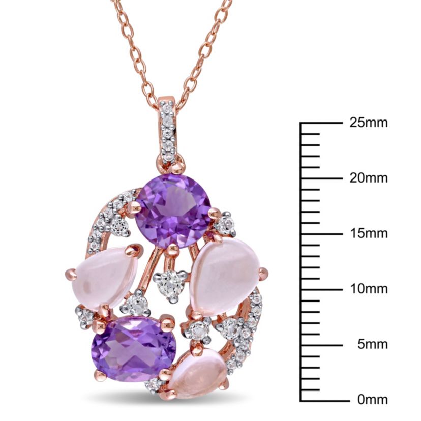 Amethyst, Rose Quartz and White Topaz Pendant with Chain in Rose Plated Sterling Silver