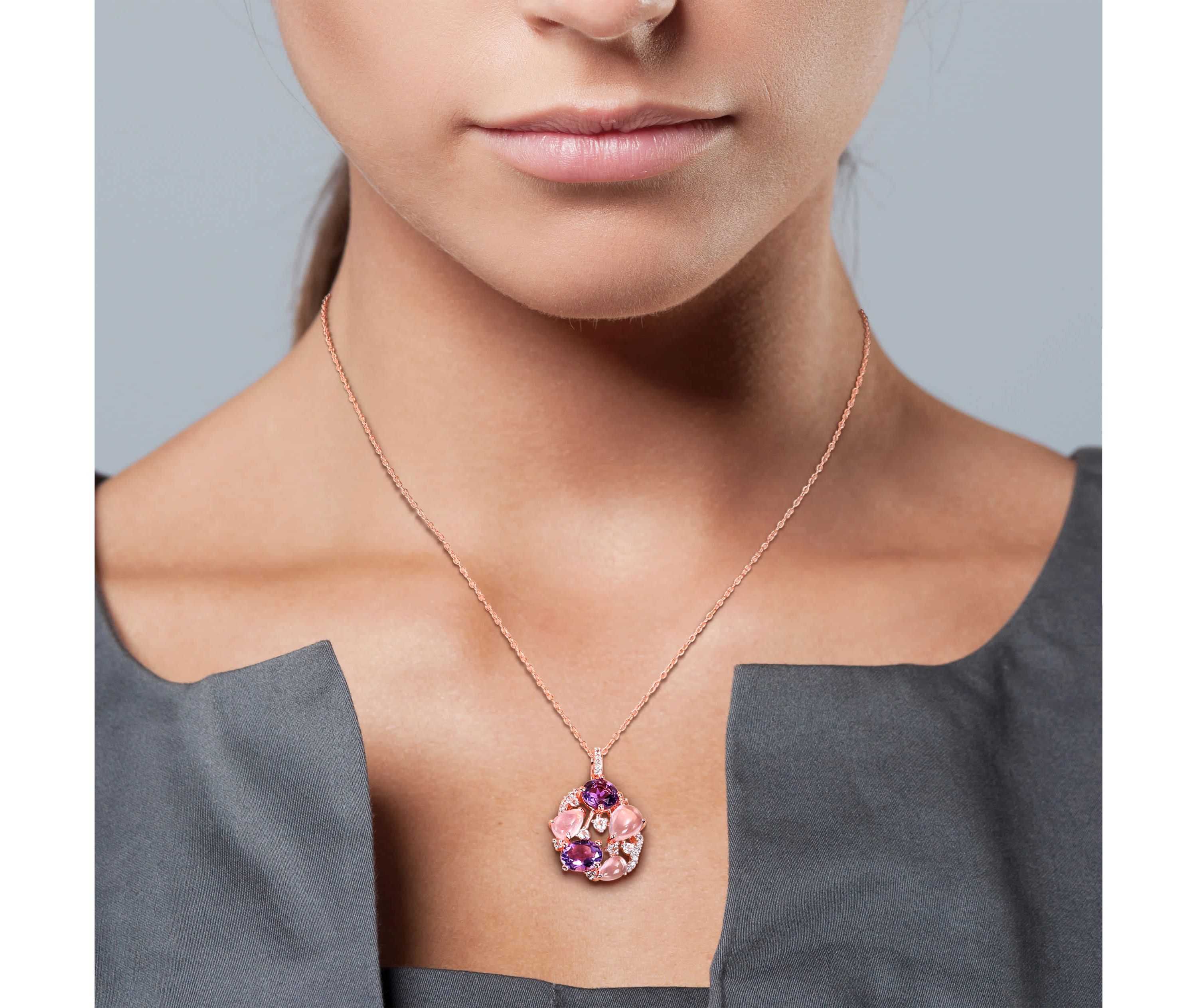 Amethyst, Rose Quartz and White Topaz Pendant with Chain in Rose Plated Sterling Silver