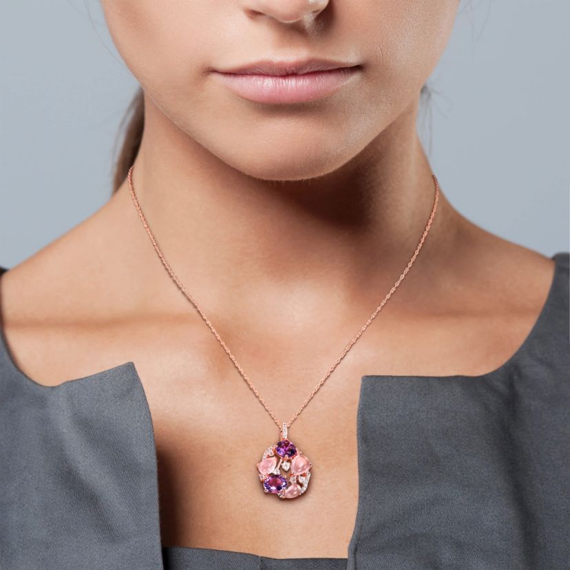 Amethyst, Rose Quartz and White Topaz Pendant with Chain in Rose Plated Sterling Silver