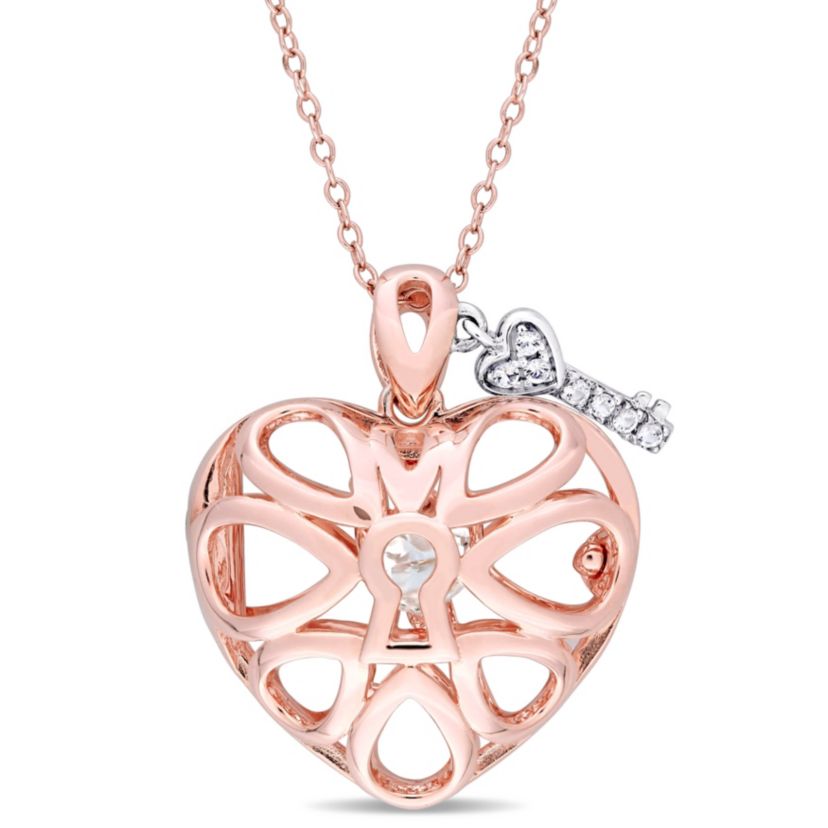 White Topaz Heart Locket and Key Pendant with Chain in 2-Tone Sterling Silver
