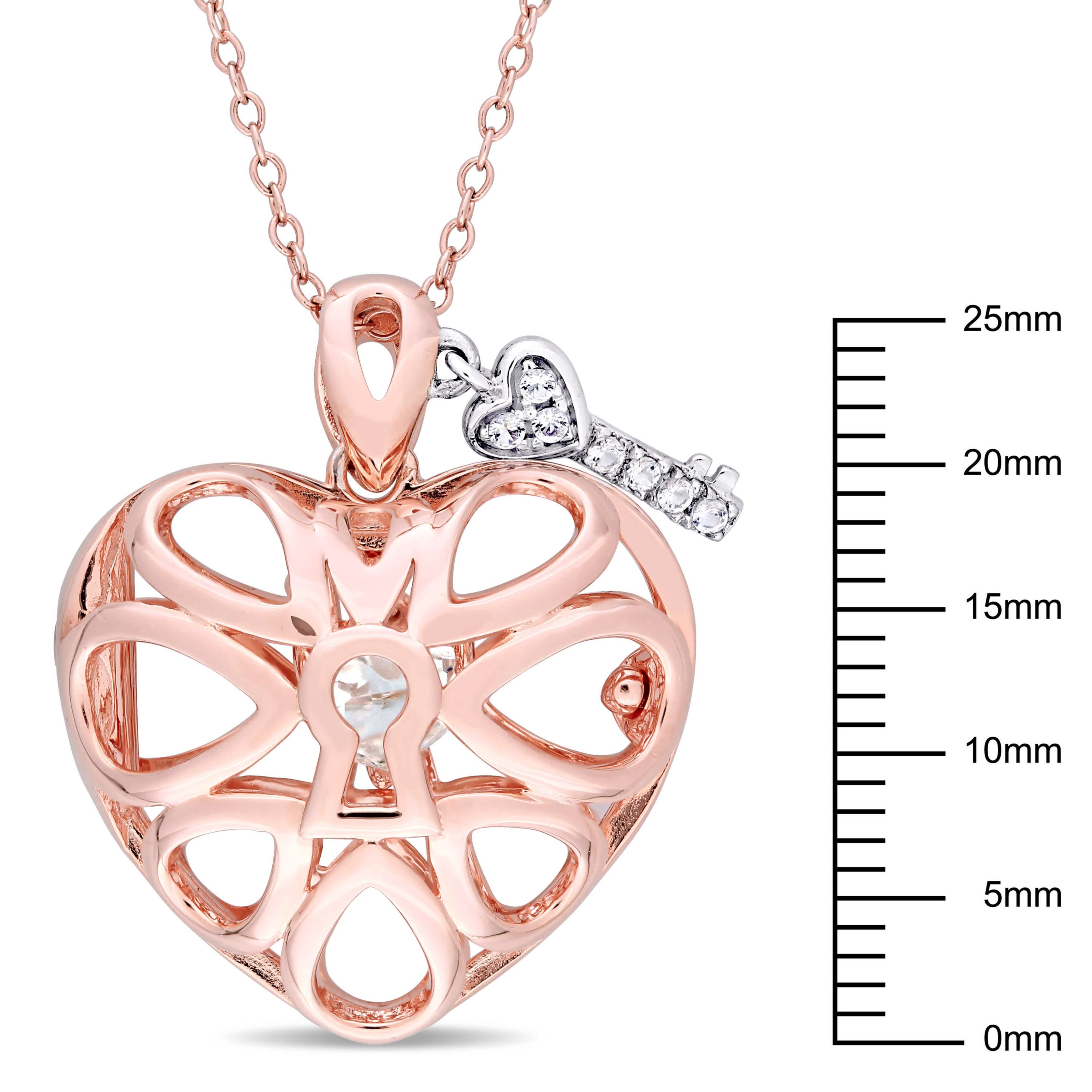 White Topaz Heart Locket and Key Pendant with Chain in 2-Tone Sterling Silver