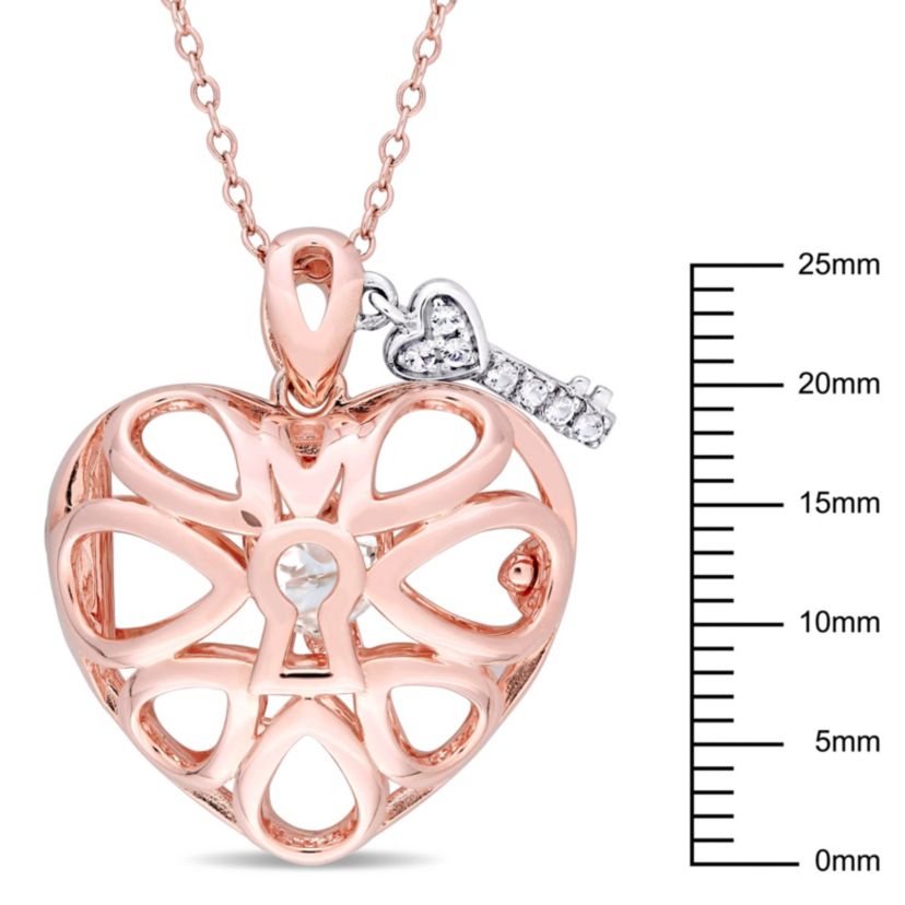 White Topaz Heart Locket and Key Pendant with Chain in 2-Tone Sterling Silver