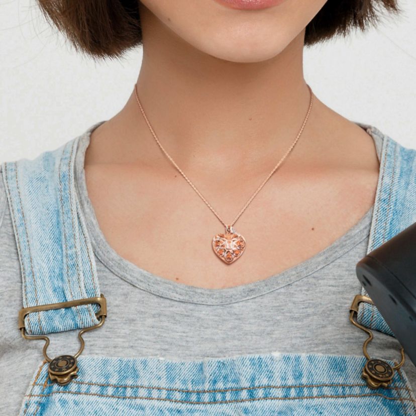 White Topaz Heart Locket and Key Pendant with Chain in 2-Tone Sterling Silver