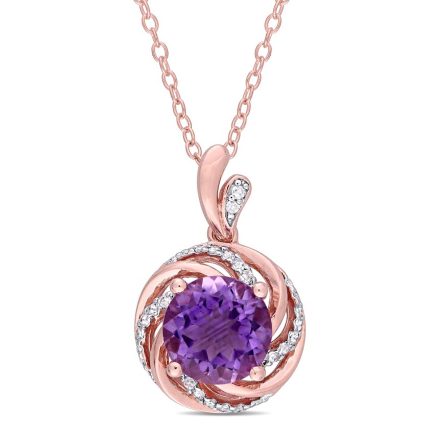 Amethyst and White Topaz with Diamond Accent Floral Swirl Pendant with Chain in Rose Plated Sterling Silver