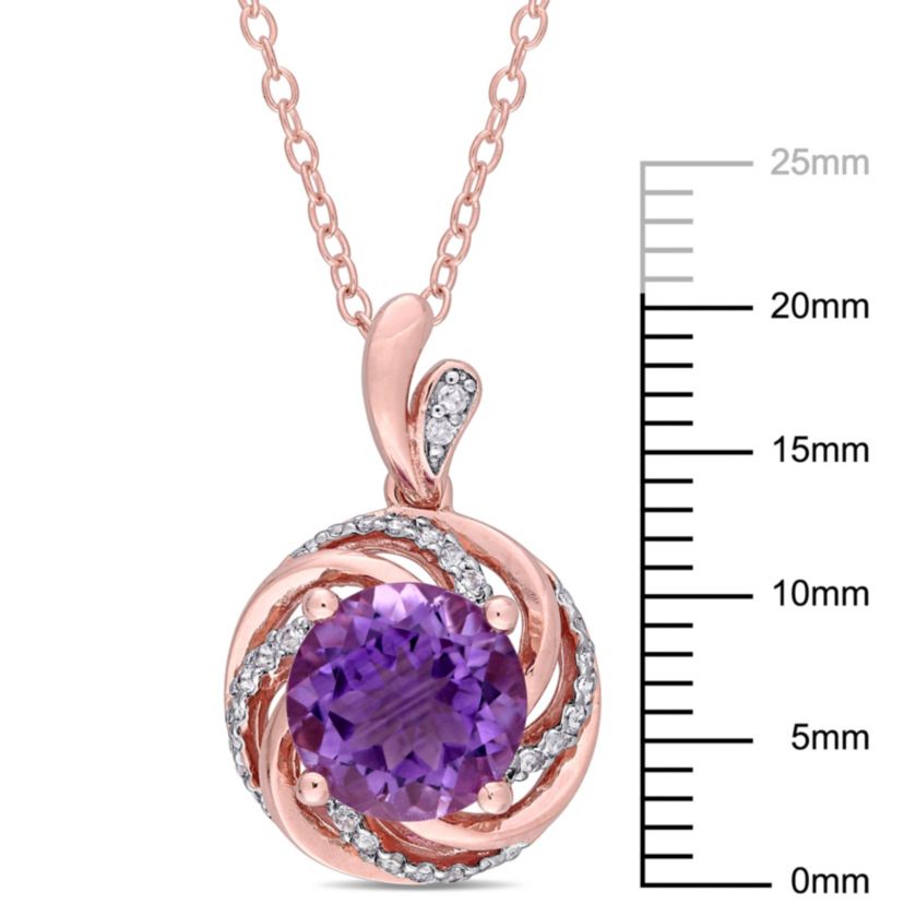 Amethyst and White Topaz with Diamond Accent Floral Swirl Pendant with Chain in Rose Plated Sterling Silver