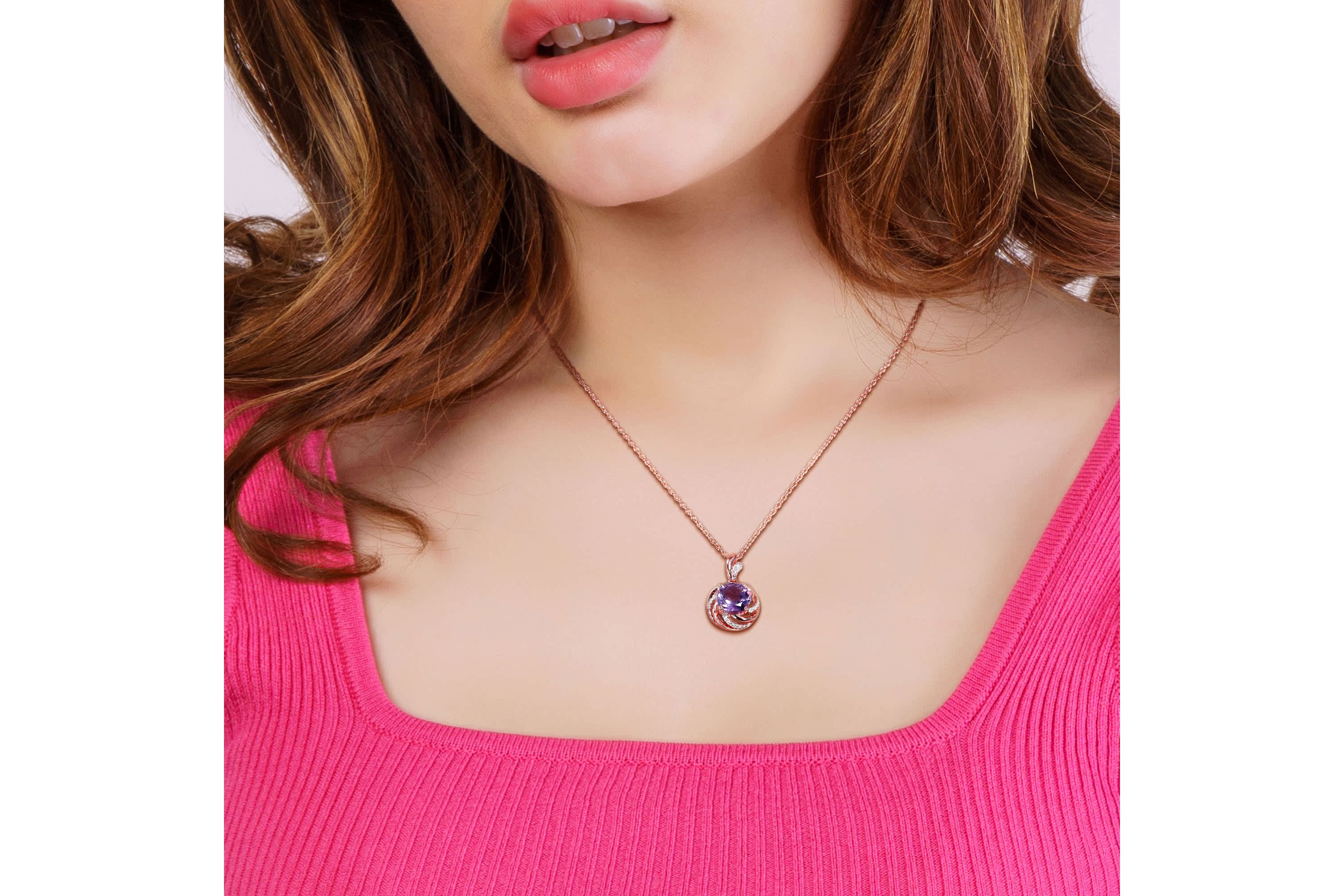 Amethyst and White Topaz with Diamond Accent Floral Swirl Pendant with Chain in Rose Plated Sterling Silver