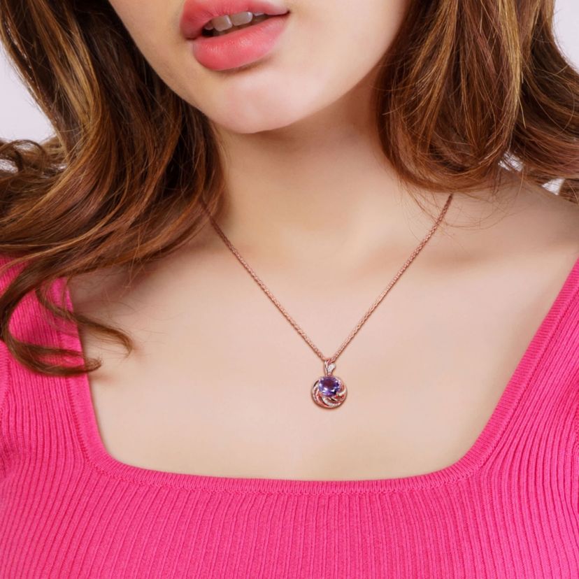Amethyst and White Topaz with Diamond Accent Floral Swirl Pendant with Chain in Rose Plated Sterling Silver
