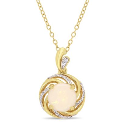 Belk & Co Opal and White Topaz and Diamond Accent Interlaced Pendant with Chain in Yellow Plated Sterling Silver, 8.25 in