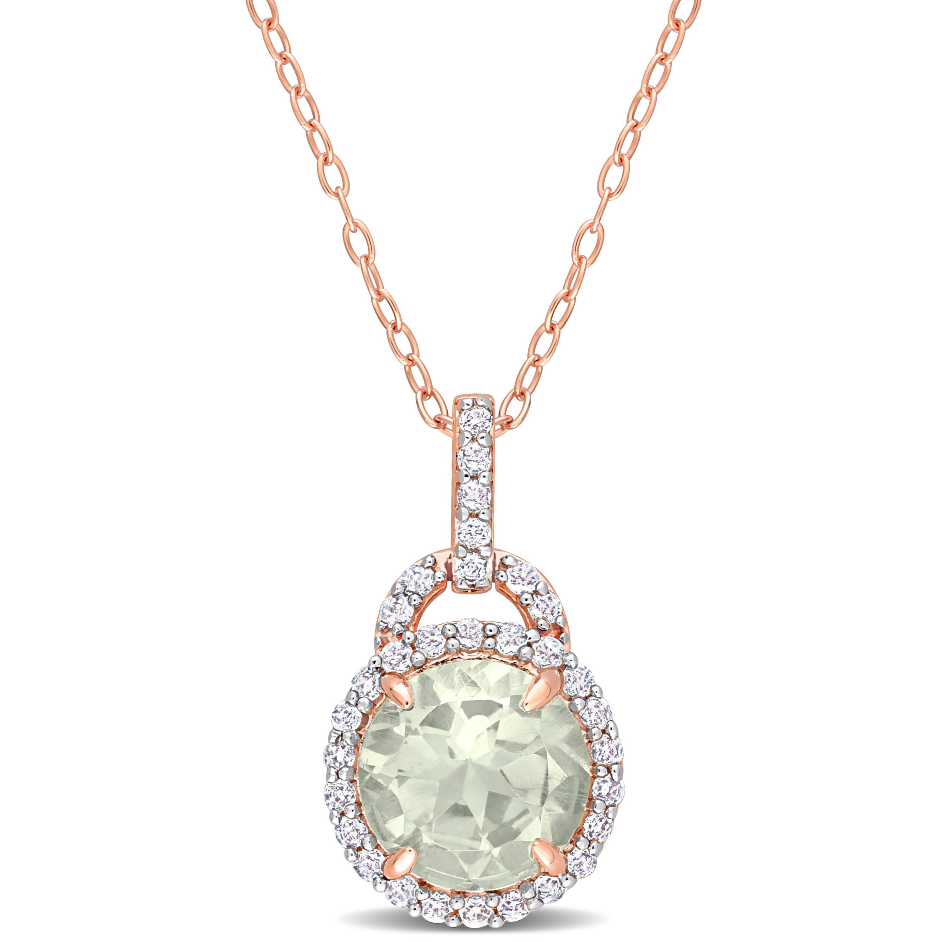 White Topaz and Green Quartz Halo Pendant with Chain in Rose Plataed Sterling Silver