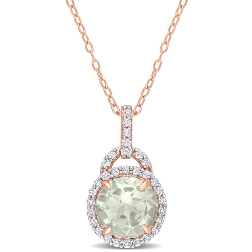 White Topaz and Green Quartz Halo Pendant with Chain in Rose Plataed Sterling Silver