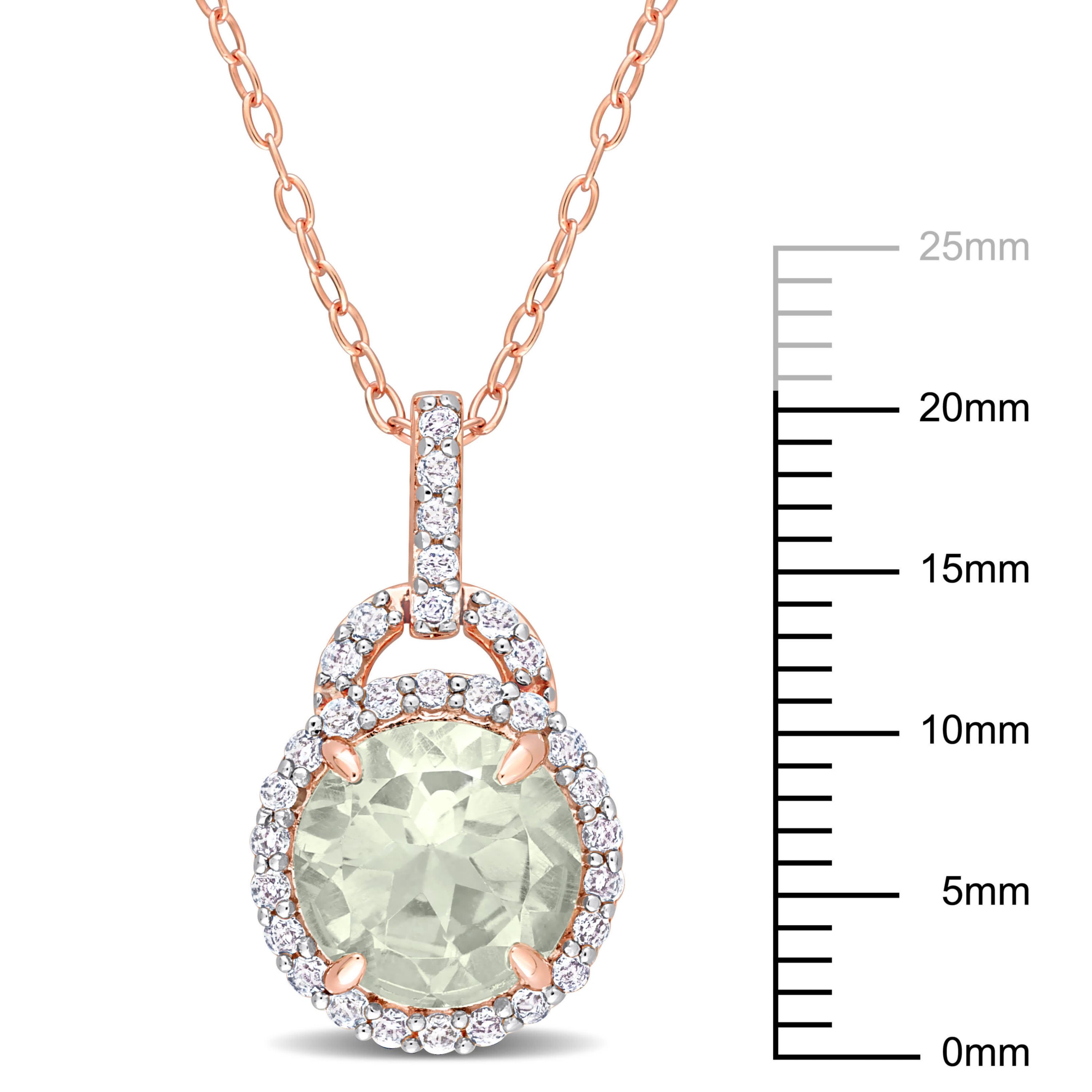 White Topaz and Green Quartz Halo Pendant with Chain in Rose Plataed Sterling Silver