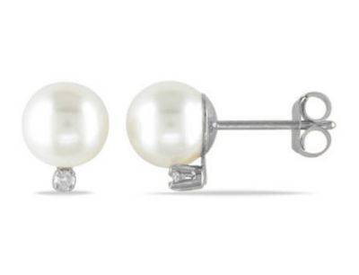 Belk & Co 6-6.5mm Freshwater Cultured Pearl and Diamond Accent Earrings in 14K White Gold