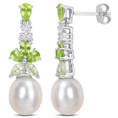 Belk & Co 8.5-9mm Freshwater Cultured Pearl, Peridot, White Topaz and Green Quartz Drop Earrings in Sterling Silver