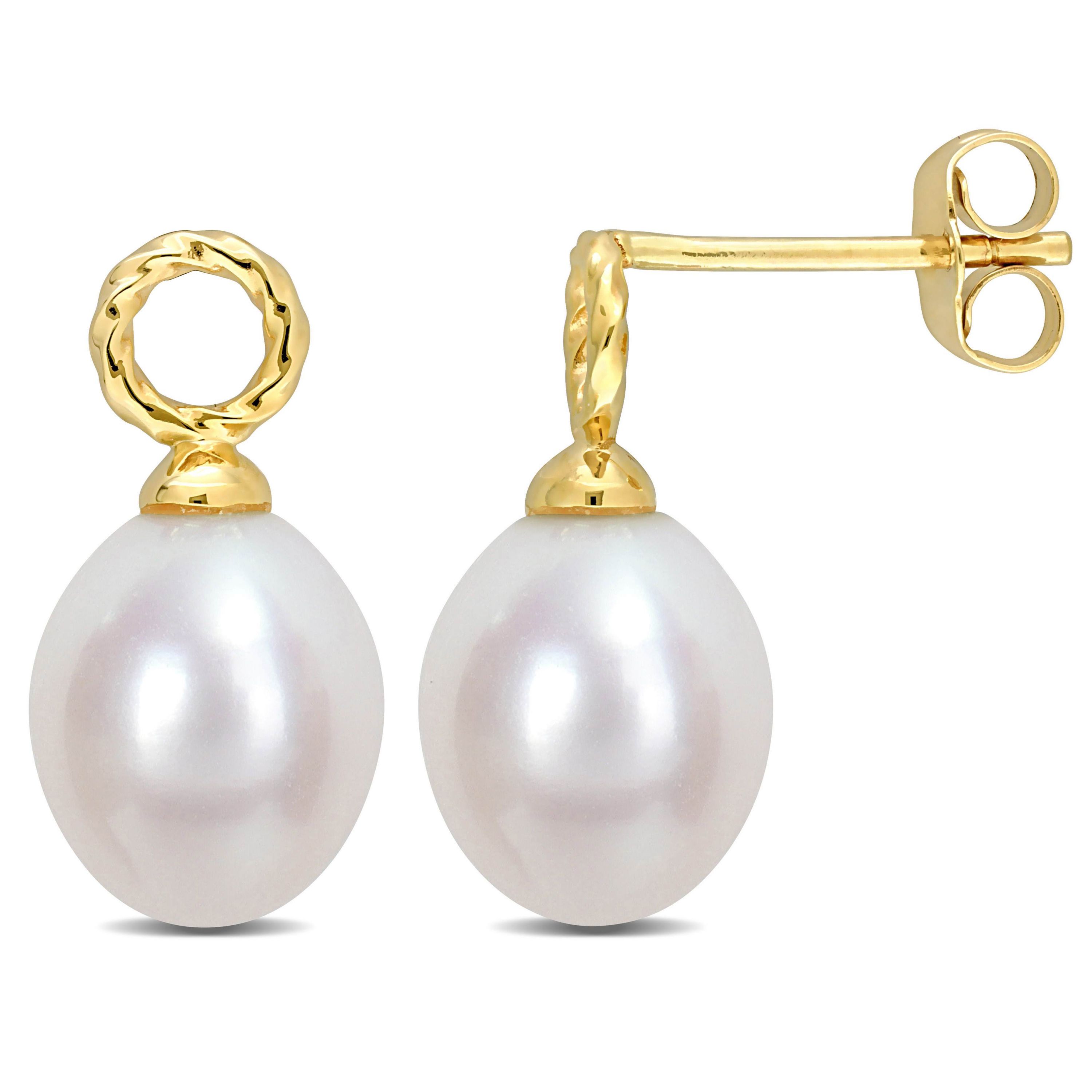 7-7.5mm Freshwater Cultured Pearl Drop Earrings in 10K Yellow Gold
