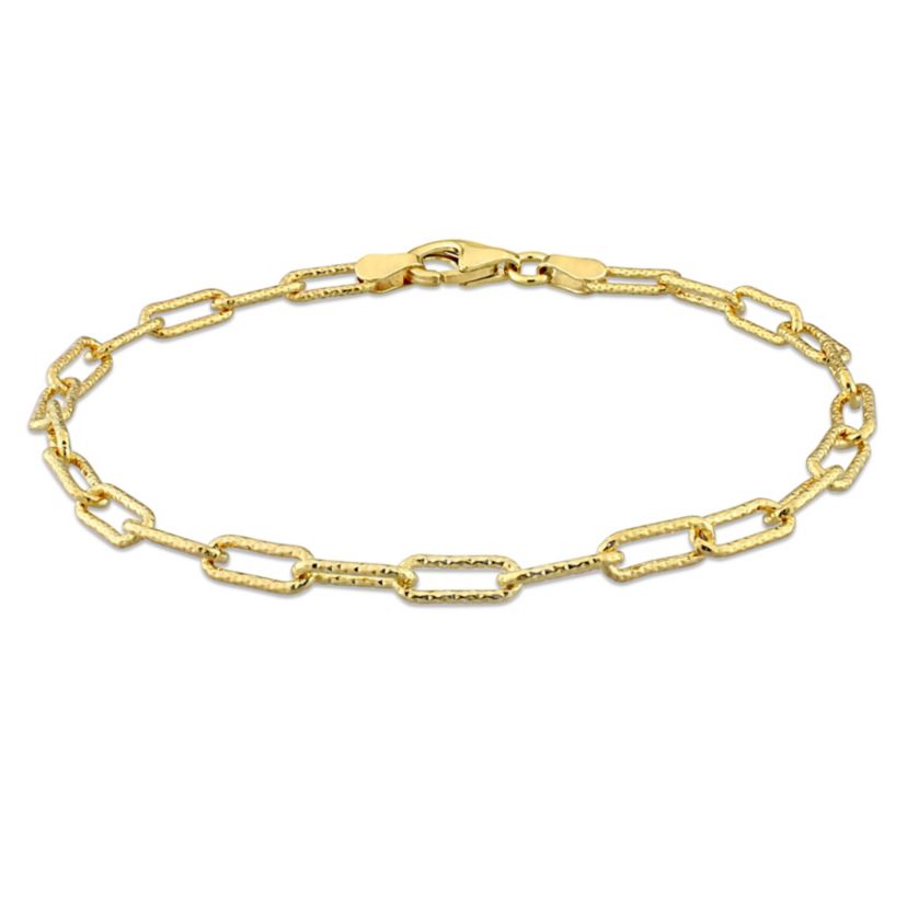 3.5MM Fancy Cut Paperclip Chain Anklet in Yellow Plated Sterling Silver, 9"