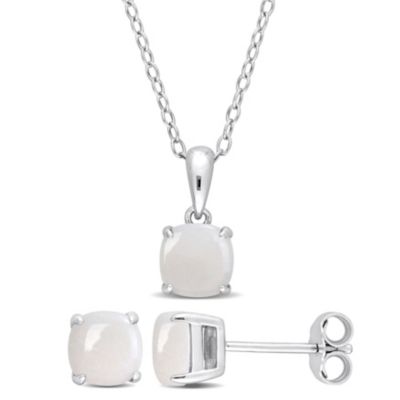 Belk & Co 2-Pc Set of Opal Stud Earrings and Pendant with Chain in Sterling Silver, White, 8.25 in