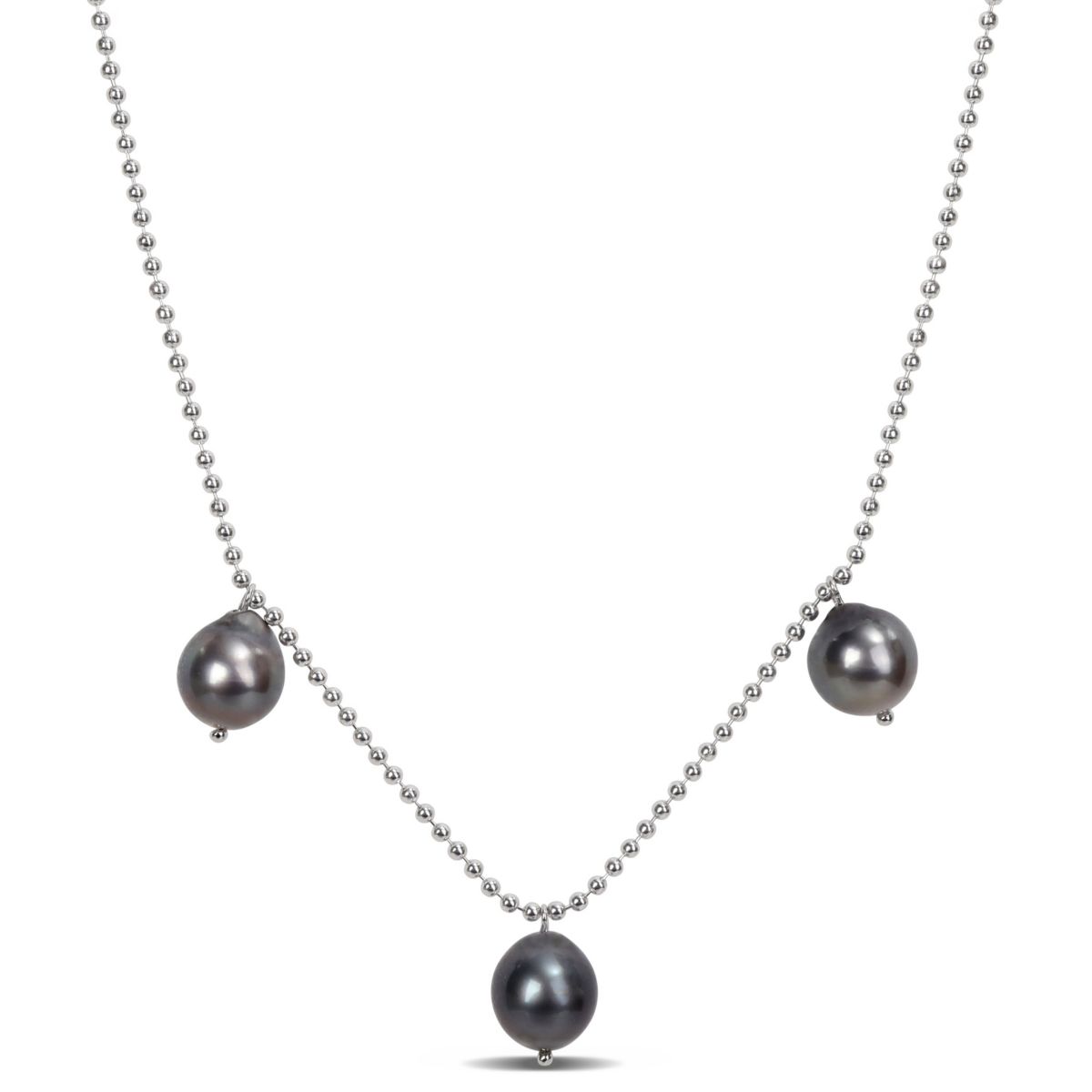 8-9mm Black Tahitian Cultured Pearl Station Necklace in Sterling Silver