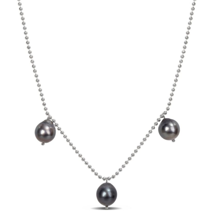 8-9mm Black Tahitian Cultured Pearl Station Necklace in Sterling Silver