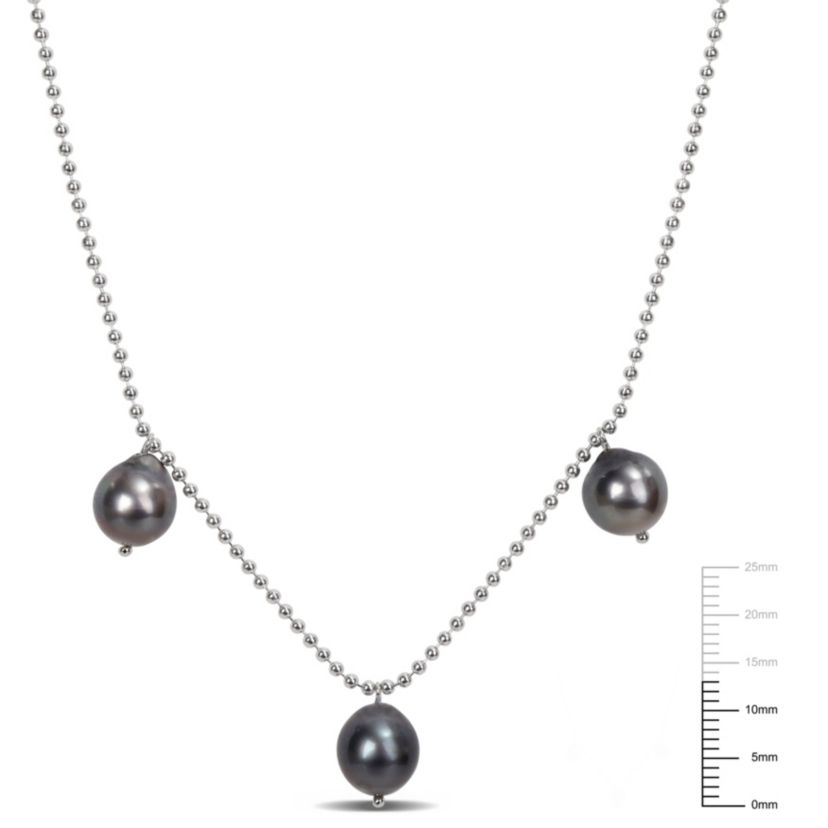 8-9mm Black Tahitian Cultured Pearl Station Necklace in Sterling Silver