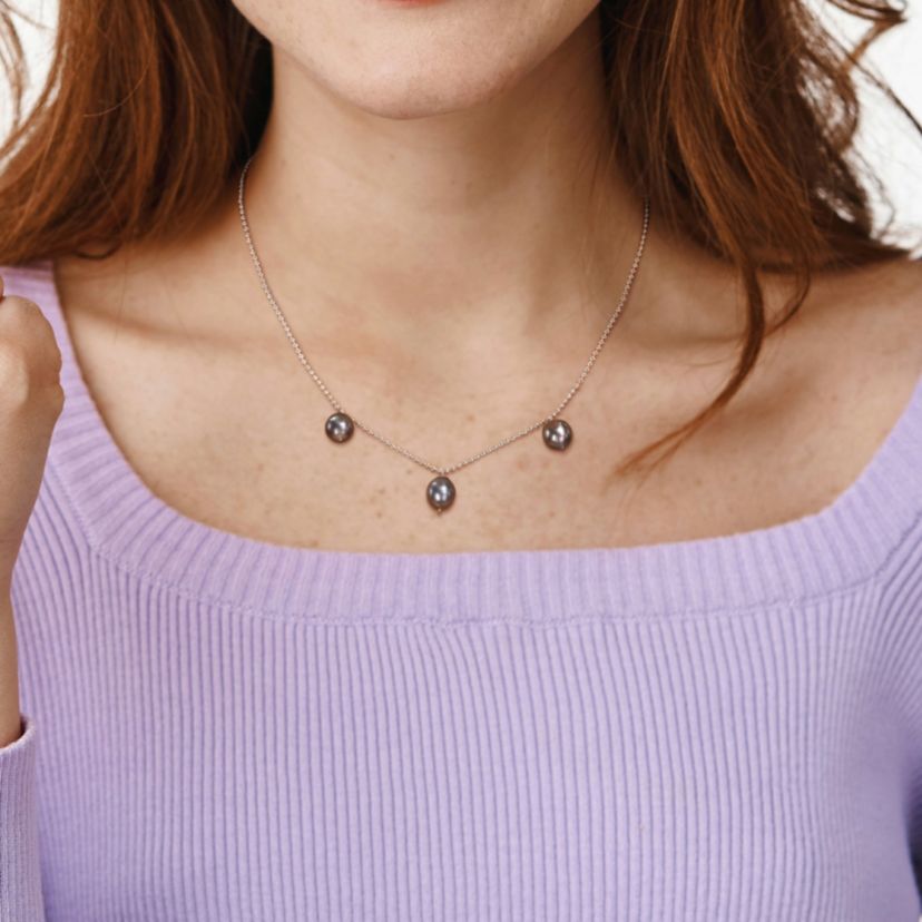 8-9mm Black Tahitian Cultured Pearl Station Necklace in Sterling Silver