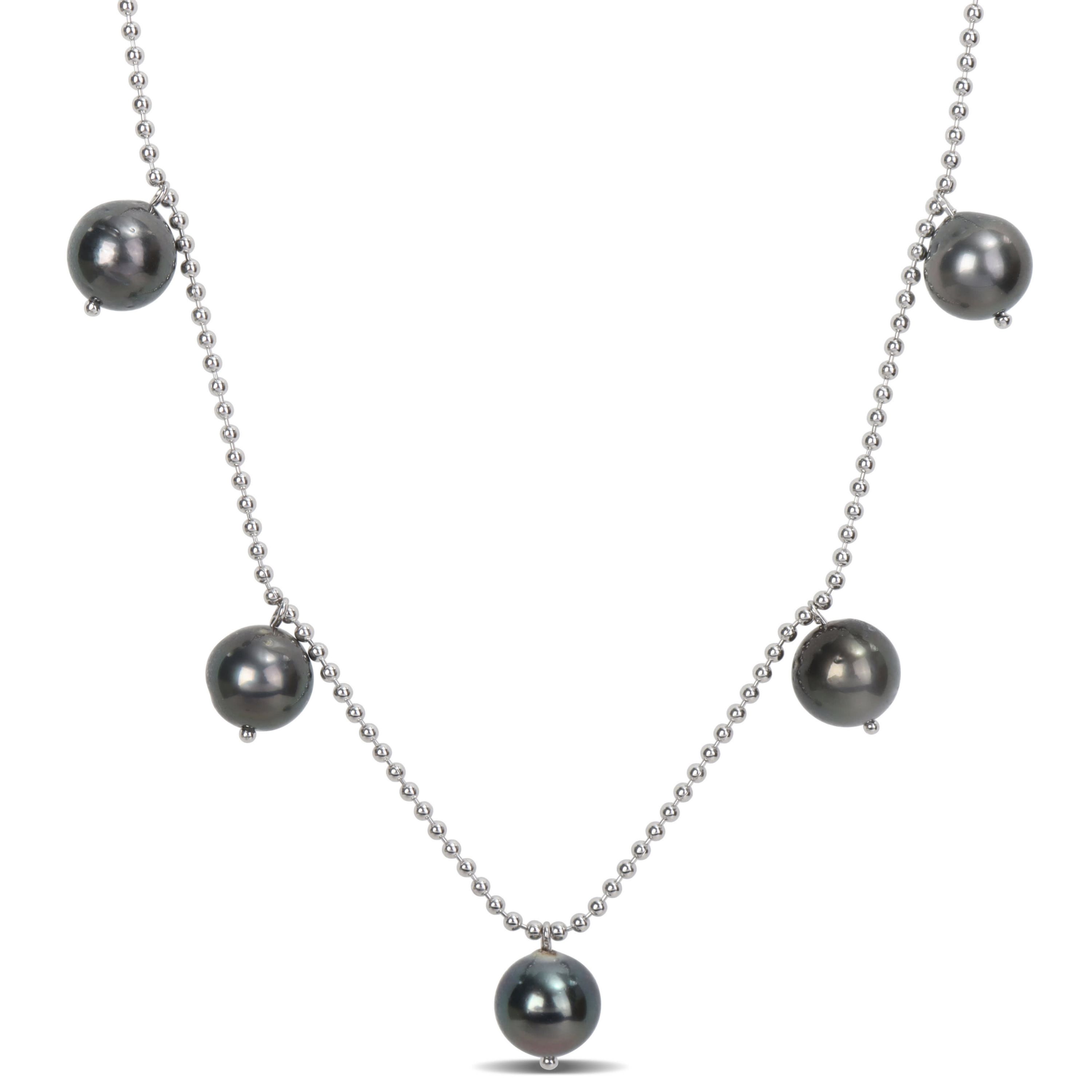 8-9mm Black Tahitian Cultured Pearl Station Necklace in Sterling Silver