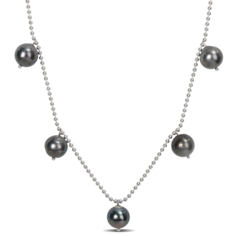 8-9mm Black Tahitian Cultured Pearl Station Necklace in Sterling Silver