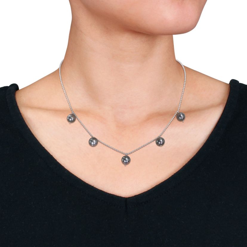 8-9mm Black Tahitian Cultured Pearl Station Necklace in Sterling Silver