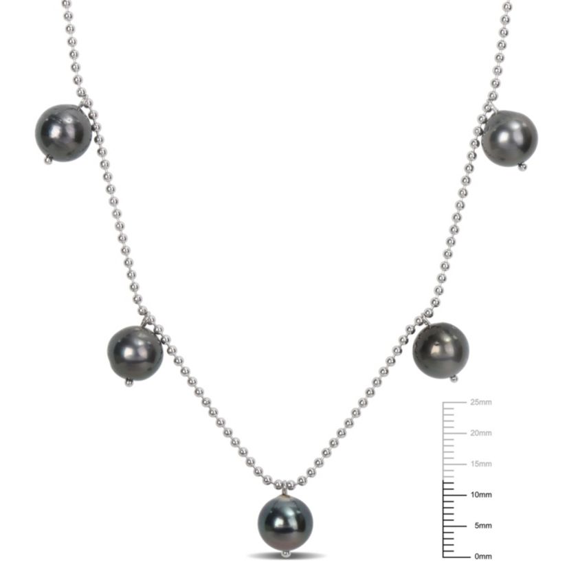 8-9mm Black Tahitian Cultured Pearl Station Necklace in Sterling Silver