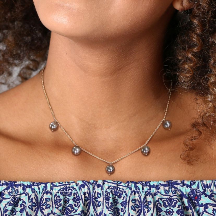 8-9mm Black Tahitian Cultured Pearl Station Necklace in Sterling Silver