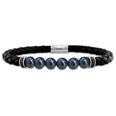 Belk & Co 7.5-8mm Black Freshwater Cultured Pearl 1/10 ct. t.w. Black Diamond Bracelet in Sterling Silver Black Rhodium Plated, White, 8.25 in
