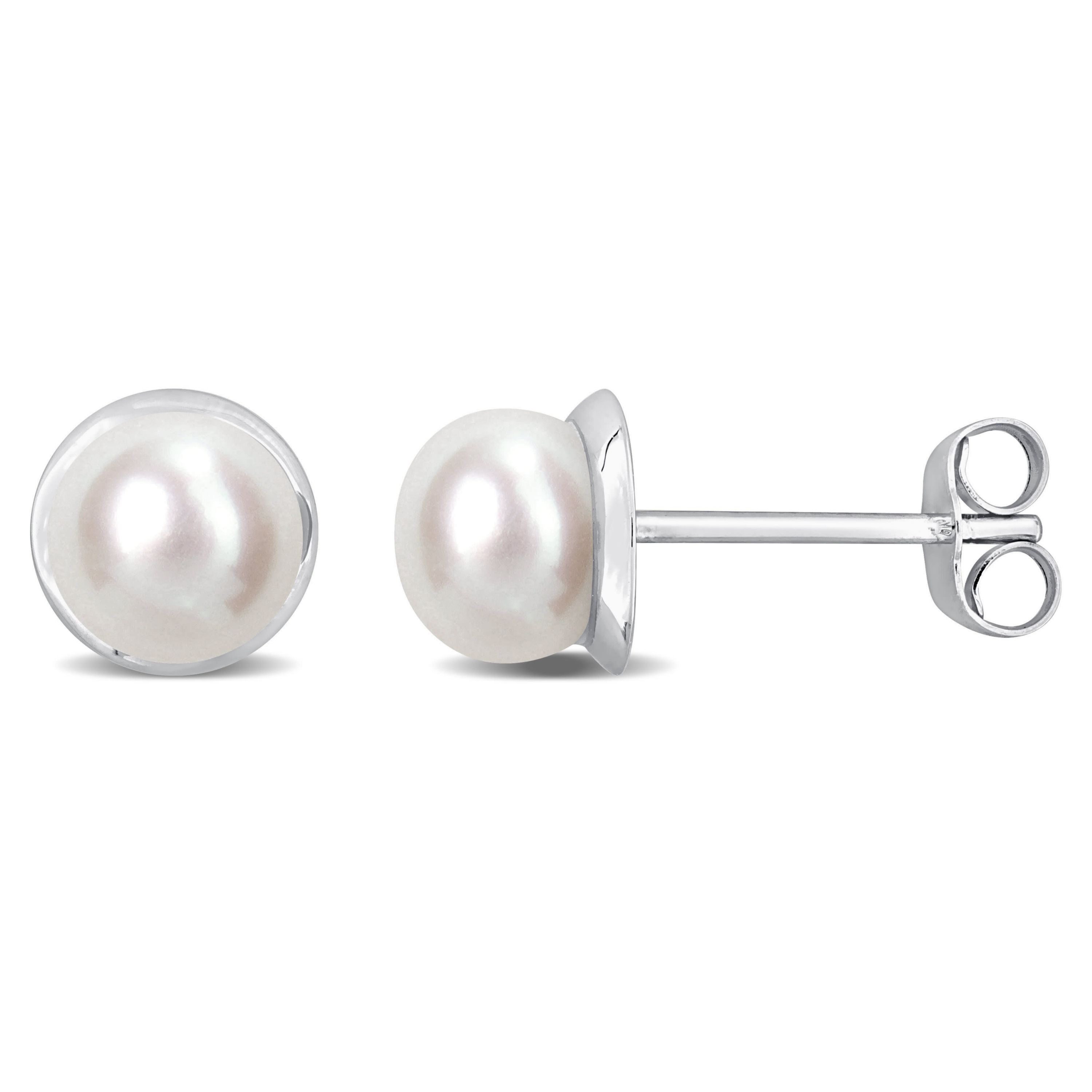 6-6.5mm Freshwater Cultured Pearl Halo Stud Earrings in 10K White Gold