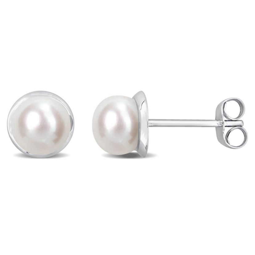 6-6.5mm Freshwater Cultured Pearl Halo Stud Earrings in 10K White Gold
