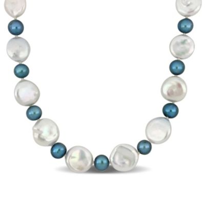 Belk & Co 16-17mm White Coin Cultured and 9.5-10mm Blue Freshwater Cultured Pearls Necklace in Sterling Silver