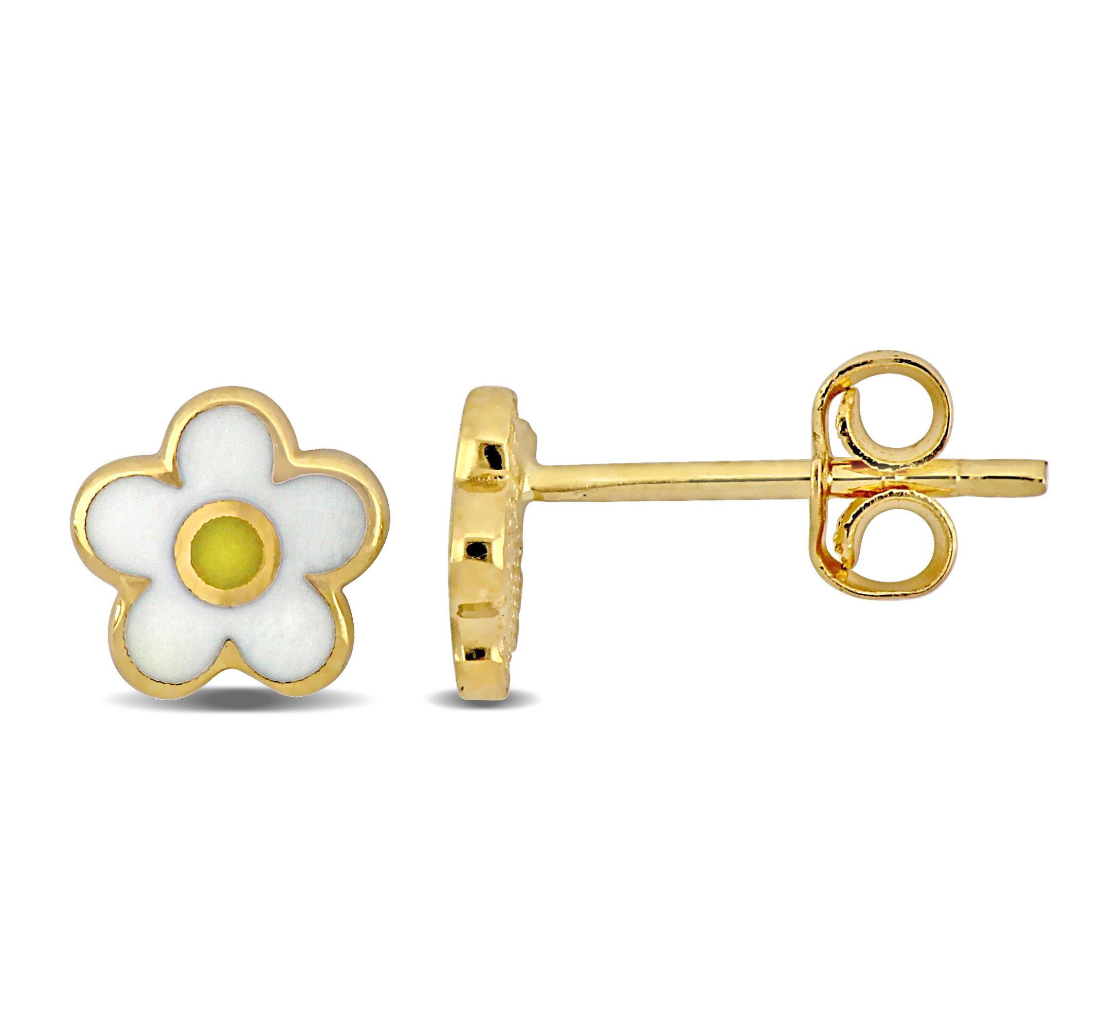 White Enamel Flower Design Studs Earrings in 14K Yellow Gold
