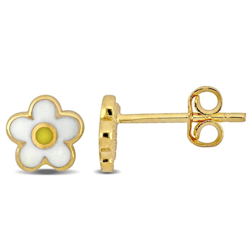 White Enamel Flower Design Studs Earrings in 14K Yellow Gold