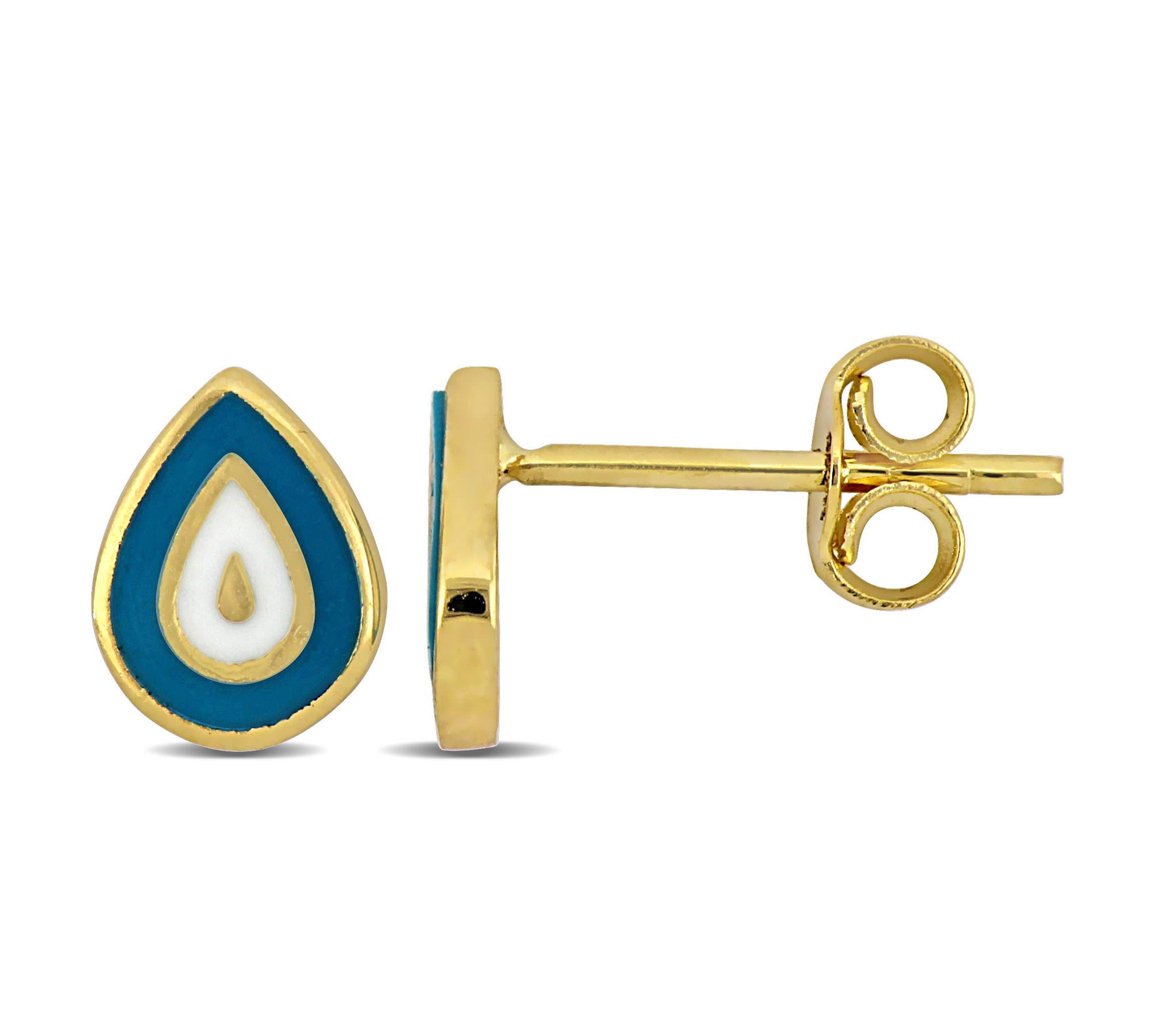 Turquoise and White Enamel Stud Earrings in 14K Yellow Gold
