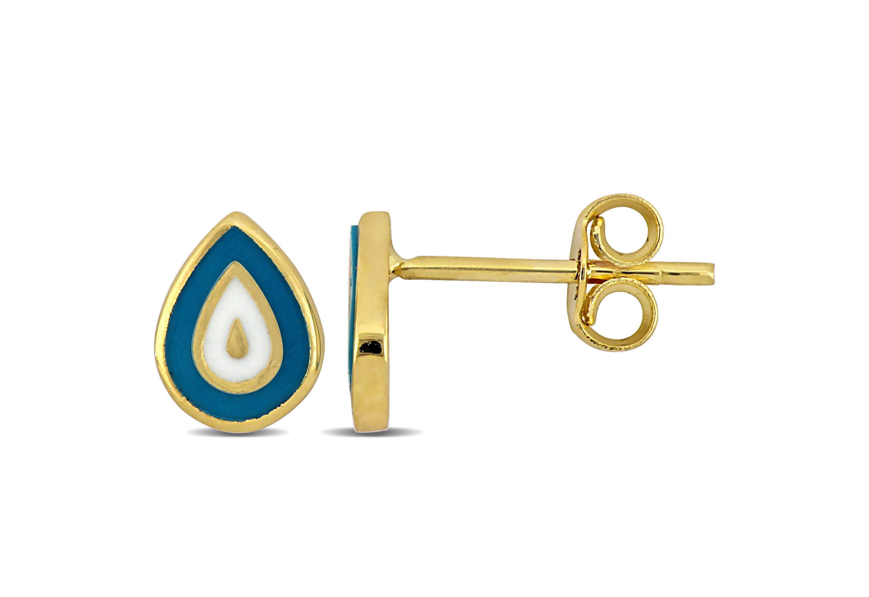 Turquoise and White Enamel Stud Earrings in 14K Yellow Gold