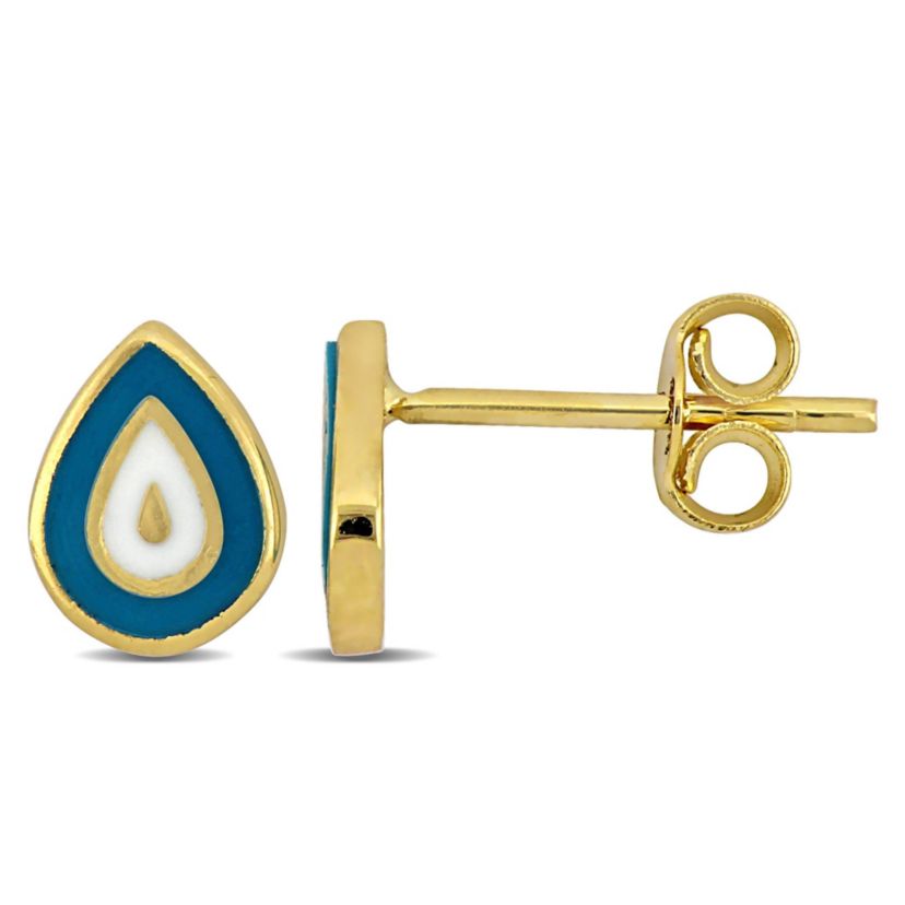 Turquoise and White Enamel Stud Earrings in 14K Yellow Gold