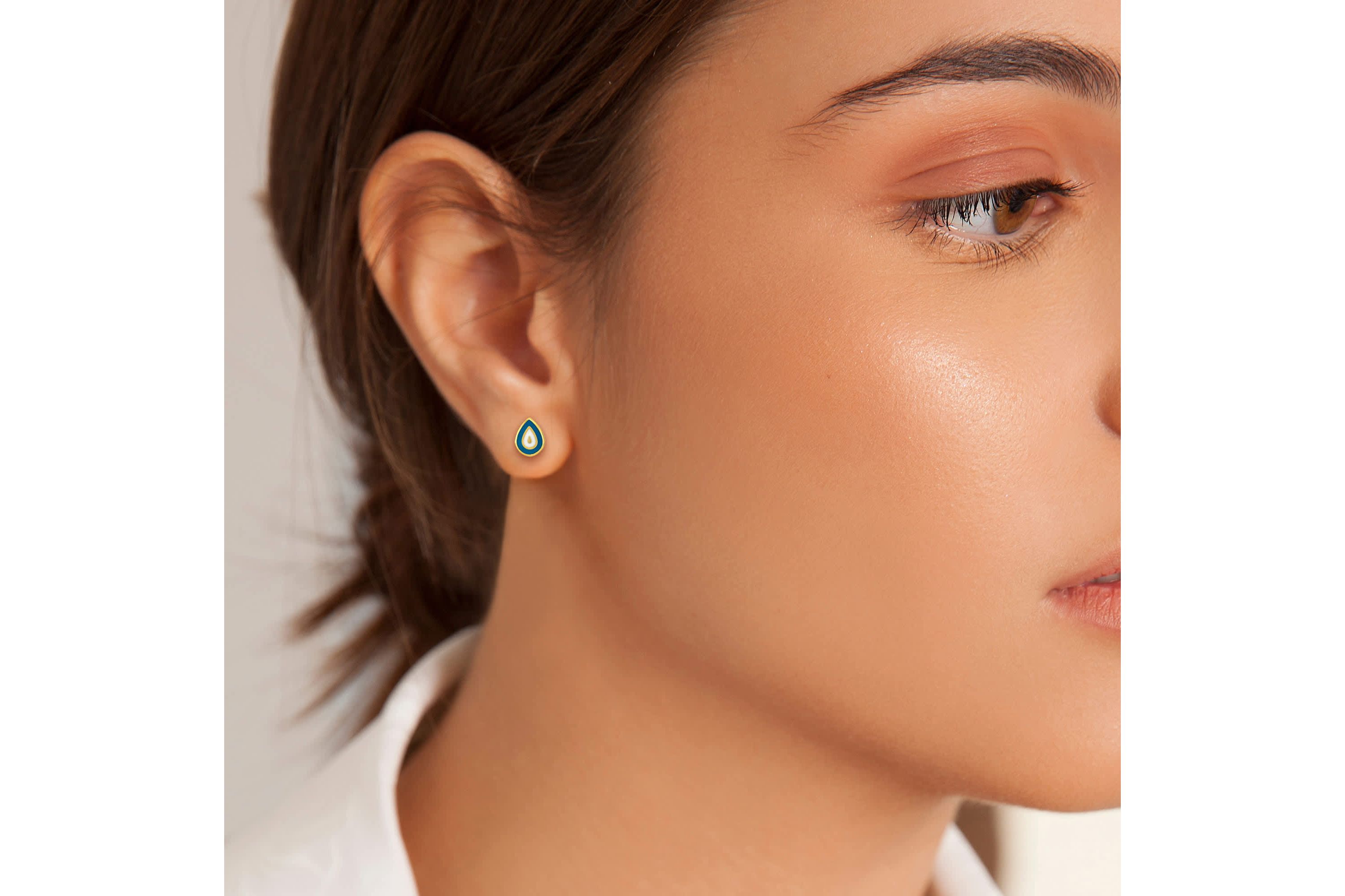 Turquoise and White Enamel Stud Earrings in 14K Yellow Gold