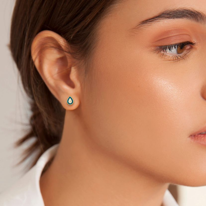 Turquoise and White Enamel Stud Earrings in 14K Yellow Gold