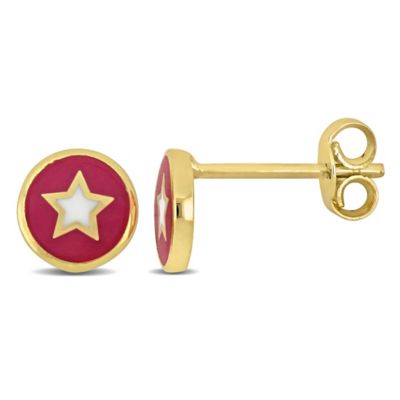 Belk & Co Pink and White Enamel Star Design Stud Earrings in 14K Yellow Gold, 8.25 in