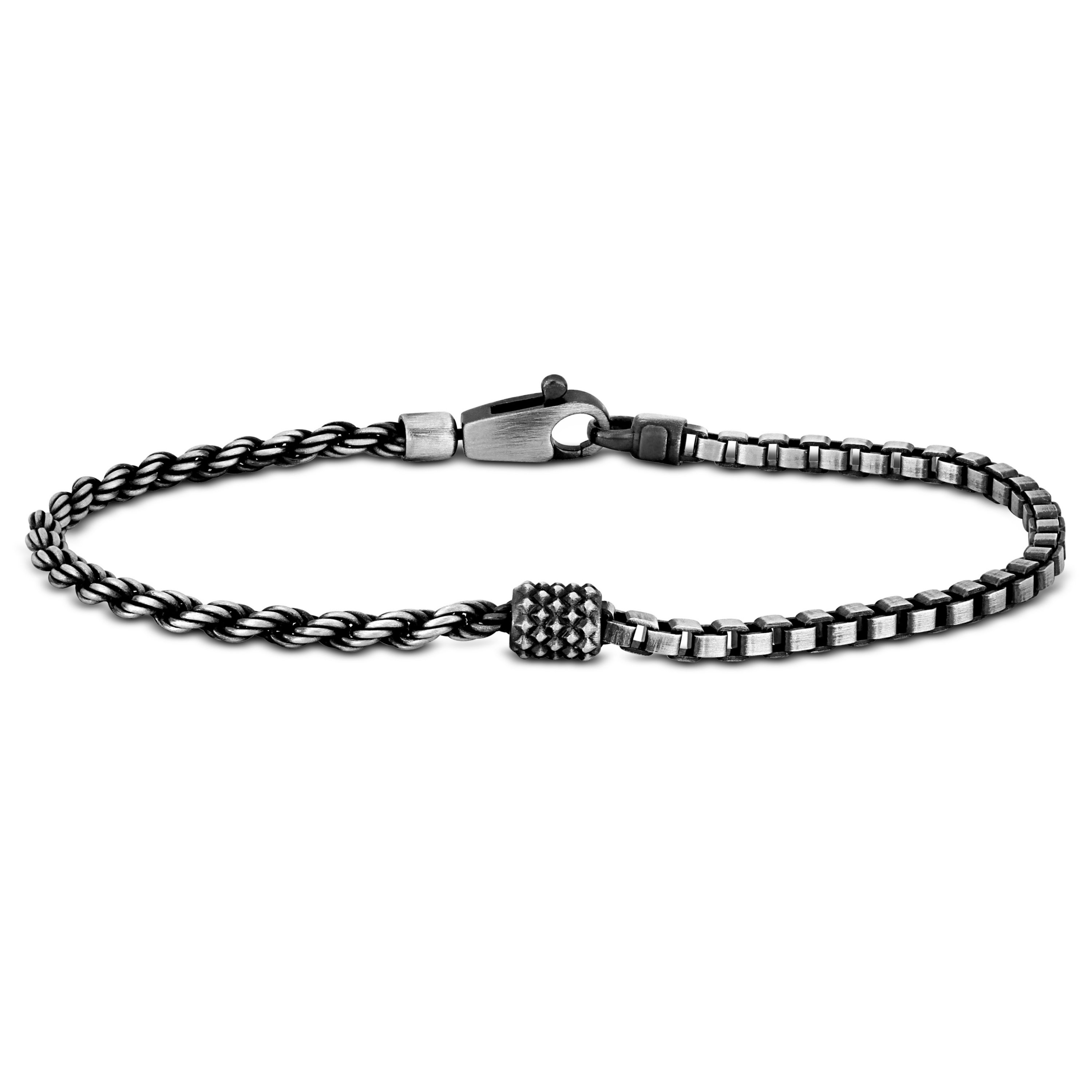 Oxidized Half Rope and Half Box Link Anklet in Sterling Silver, 9"