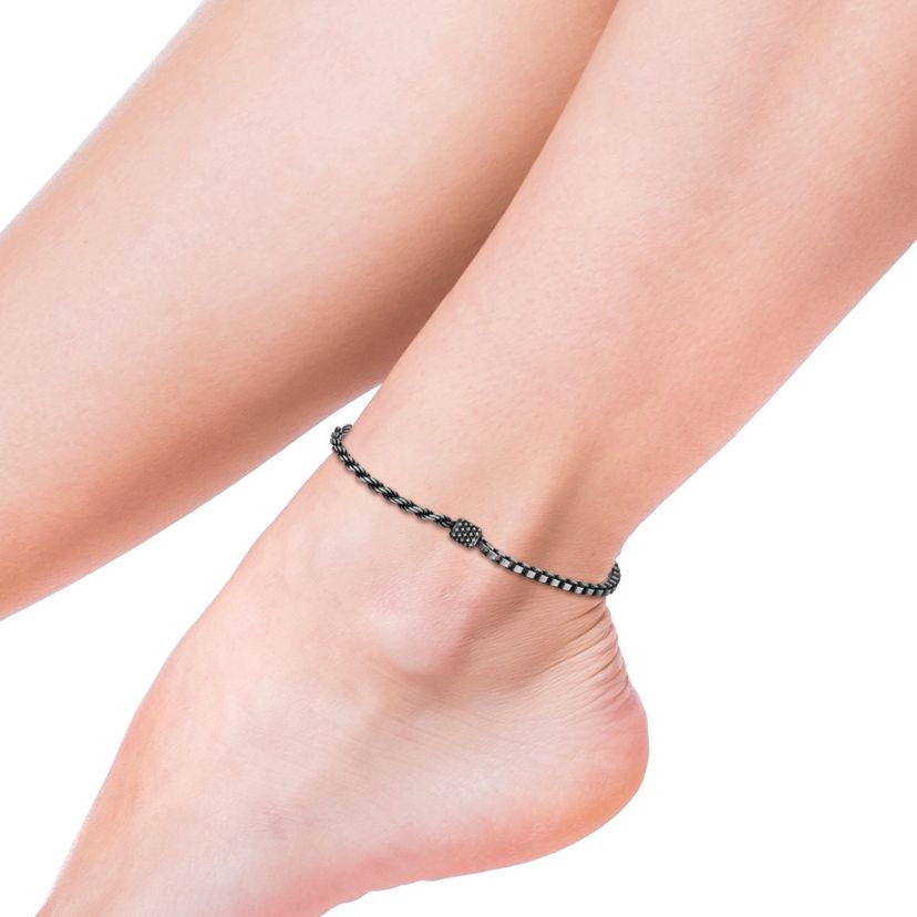 Oxidized Half Rope and Half Box Link Anklet in Sterling Silver, 9"
